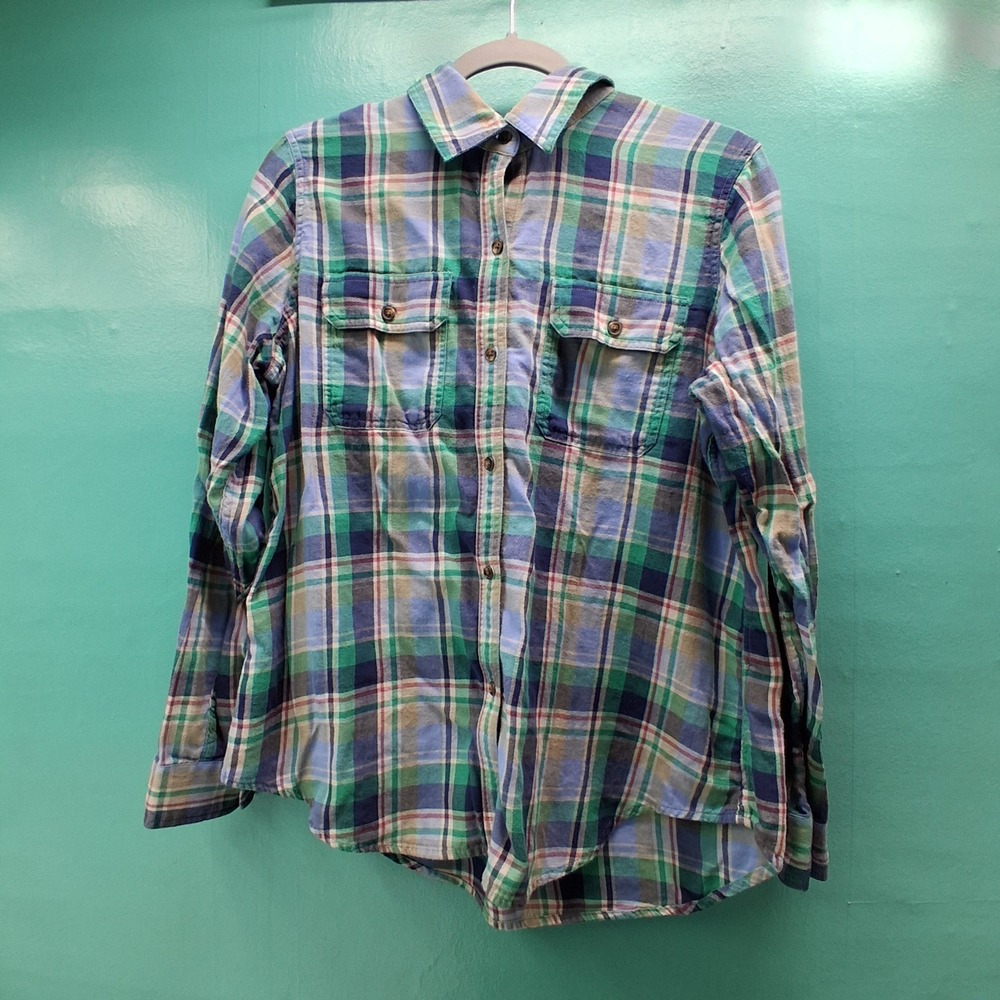 Chaps Denim Button Down Shirt Large Green Blue Plaid Flannel Gorpcore Z87